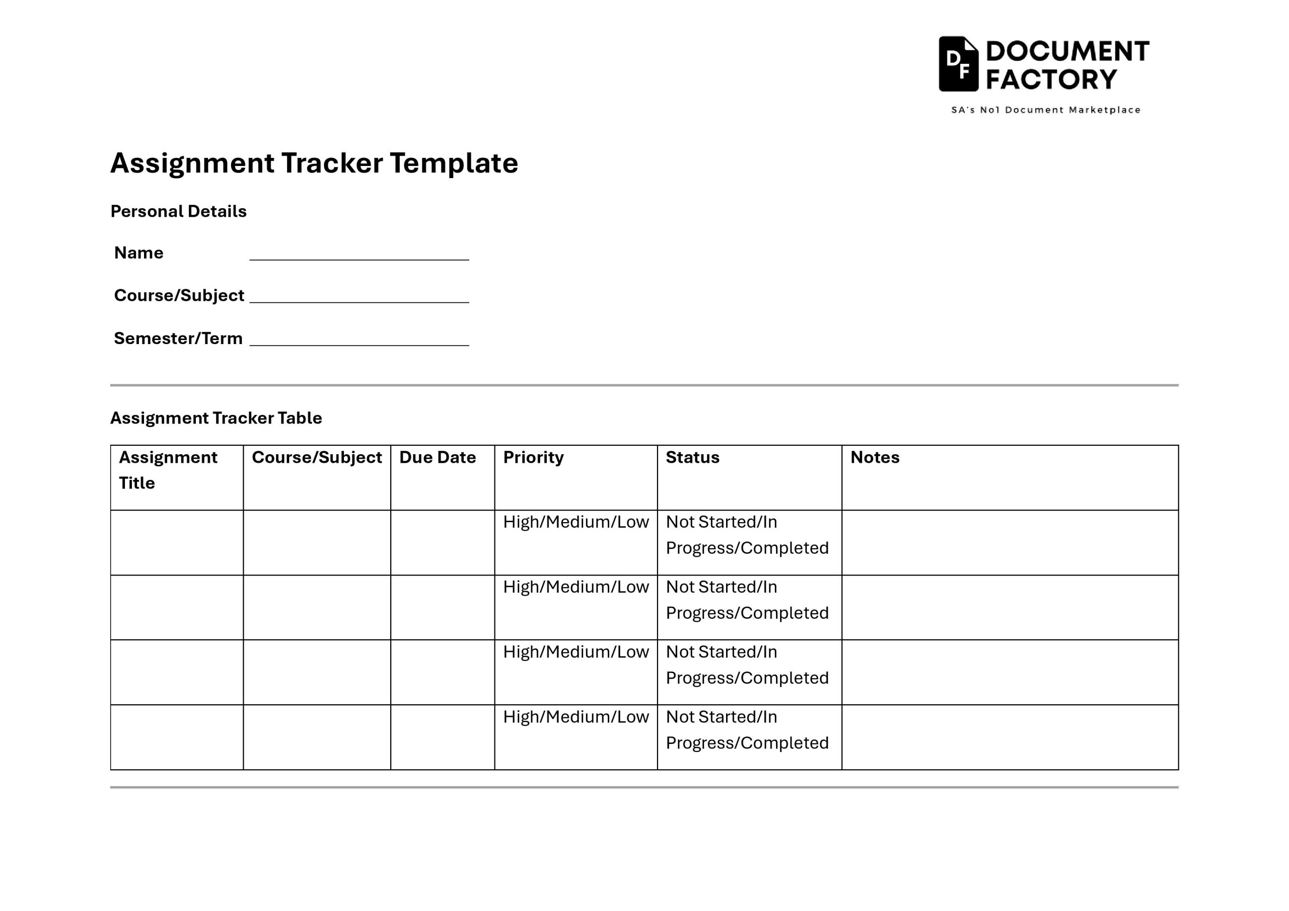 Assignment Tracker Template – Document Factory