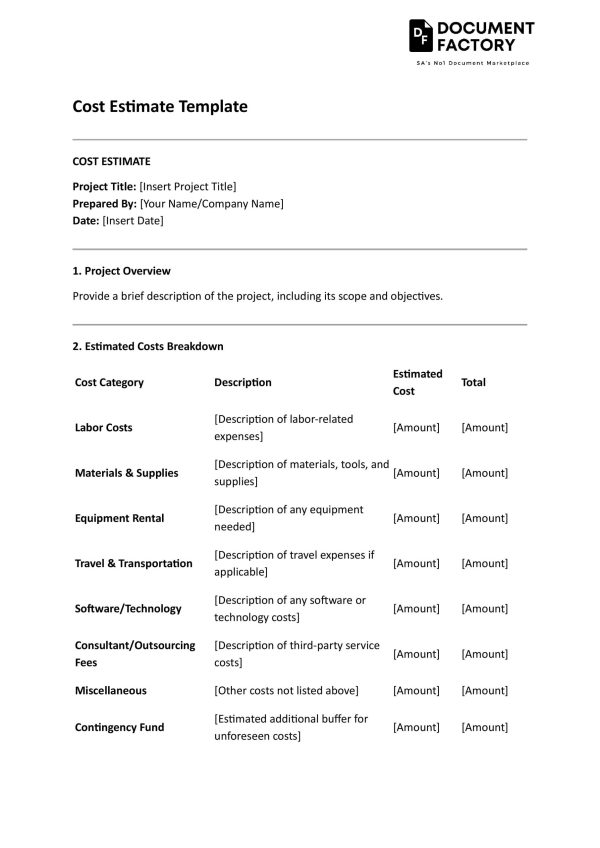 Cost Estimate Template