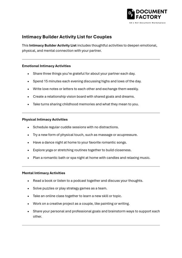 Intimacy Builder Activity List for Couples