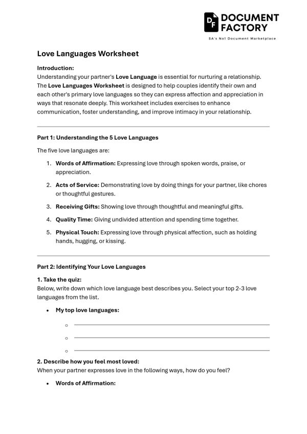 Love Languages Worksheet