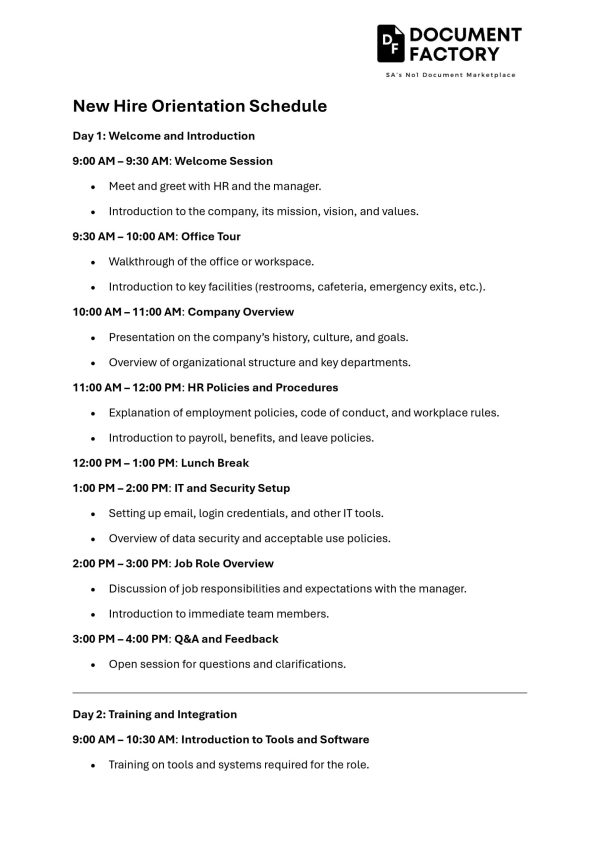 New Hire Orientation Schedule