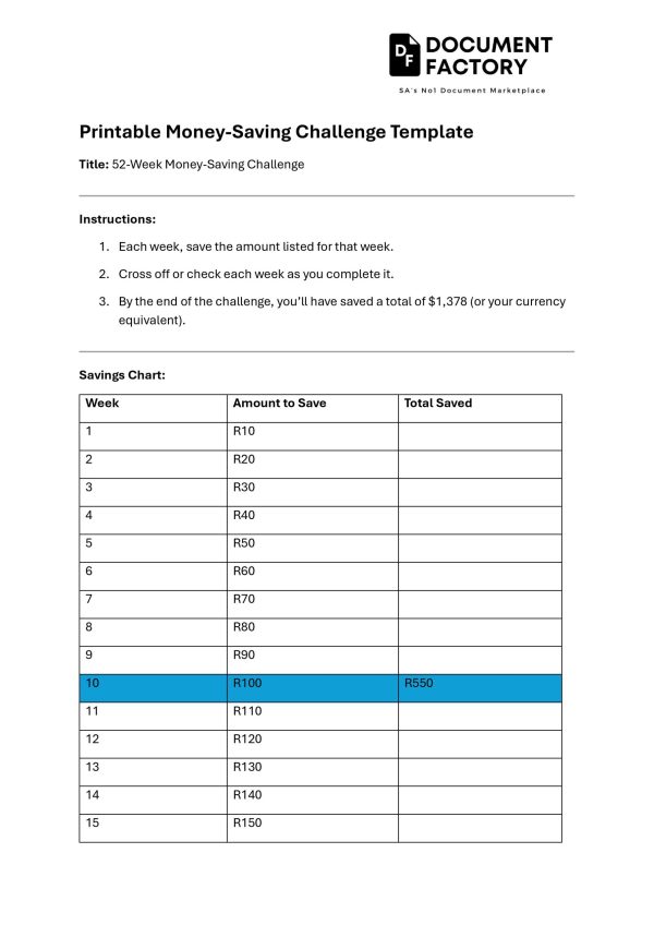 Printable Money-Saving Challenge Template