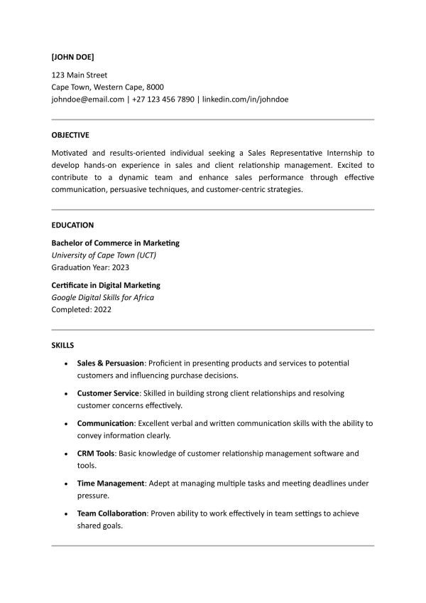 Sales Representative Internship Resume + Cover Letter
