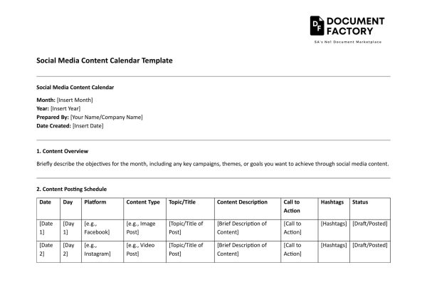Social Media Content Calendar Template