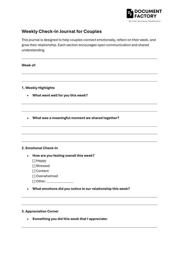 Weekly Check-In Journal for Couples