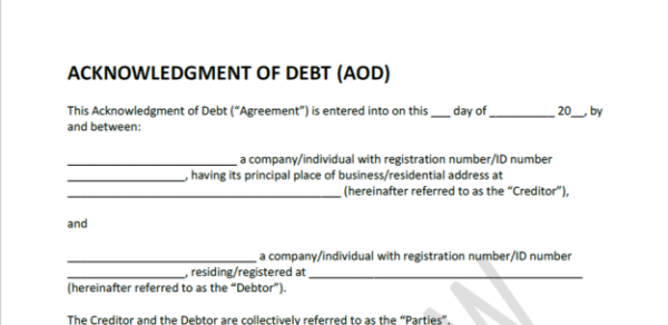 South African Acknowledgement of Debt (AOD) Template PDF & Editable Word