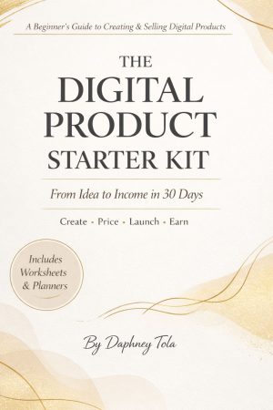 The cover of The Digital Product Starter Kit is intentionally designed to attract aspiring entrepreneurs and digital creators. Its clean, modern layout communicates clarity and confidence, while elegant typography positions the book as a credible, high-value business resource. The soft gold accents symbolize growth and income potential, reinforcing the promise of turning ideas into profit. Designed to stand out in digital marketplaces, the cover instantly signals professionalism, simplicity, and opportunity, inviting readers to take their first step into the digital product world.