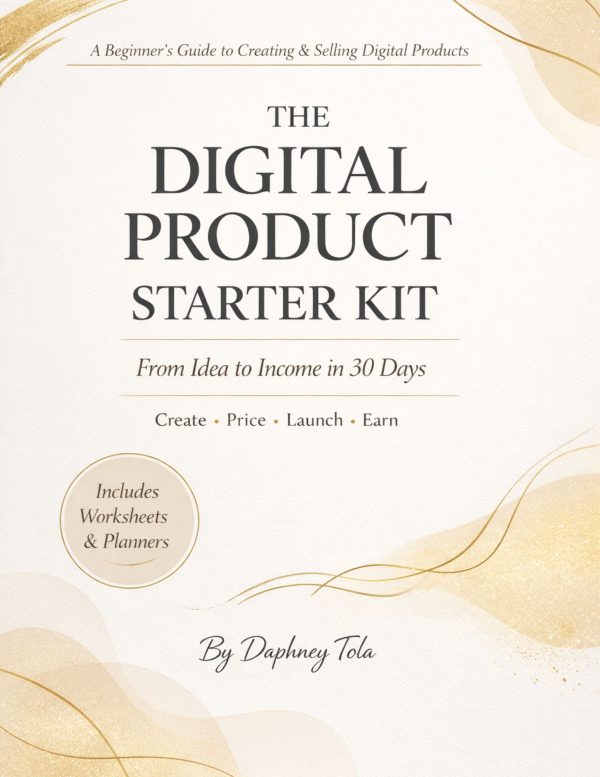 The cover of The Digital Product Starter Kit is intentionally designed to attract aspiring entrepreneurs and digital creators. Its clean, modern layout communicates clarity and confidence, while elegant typography positions the book as a credible, high-value business resource. The soft gold accents symbolize growth and income potential, reinforcing the promise of turning ideas into profit. Designed to stand out in digital marketplaces, the cover instantly signals professionalism, simplicity, and opportunity, inviting readers to take their first step into the digital product world.