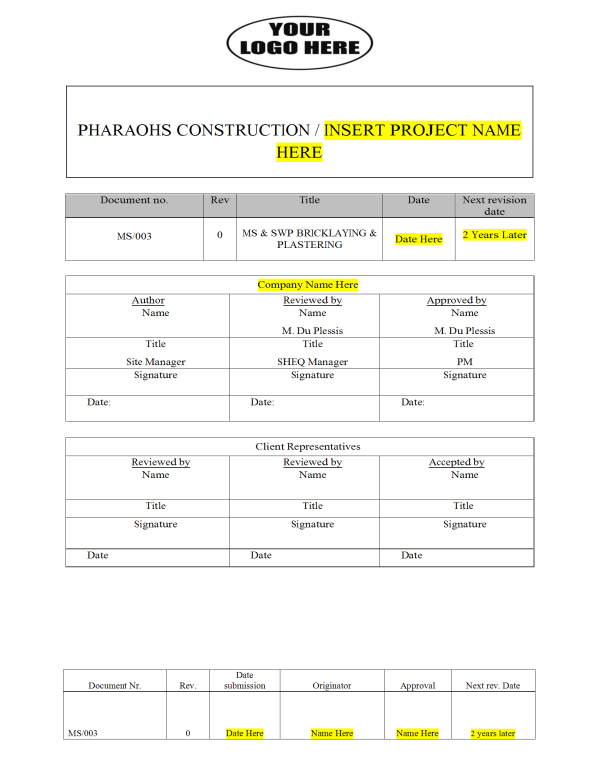 Method Statement Bricklaying and Plastering